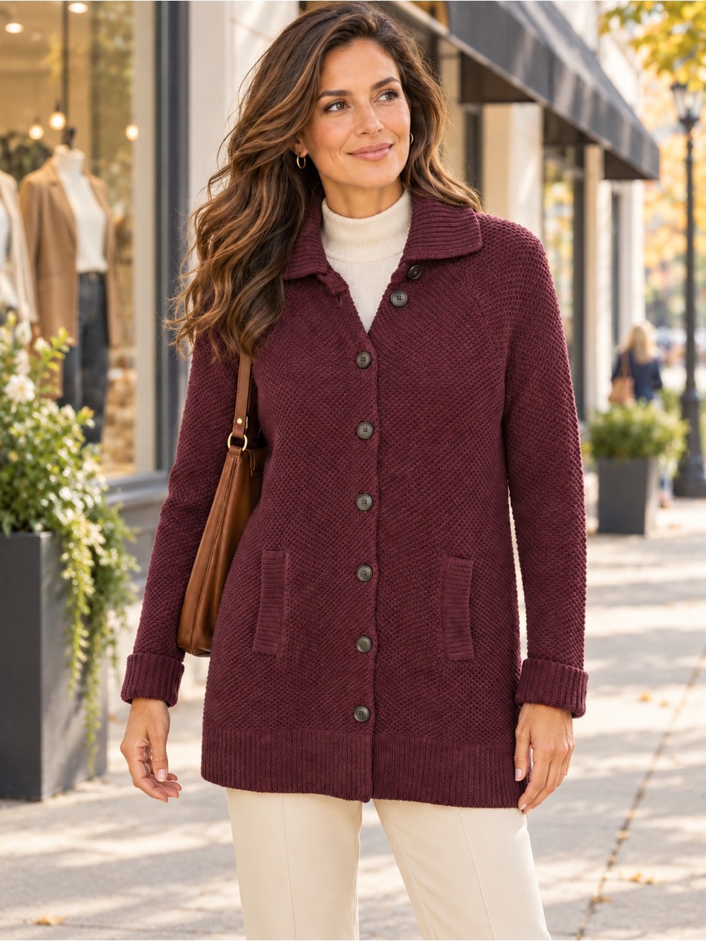 TALBOTS Petite P Burgundy Textured Cotton Blend Knit Long Cardigan Sweater Coat